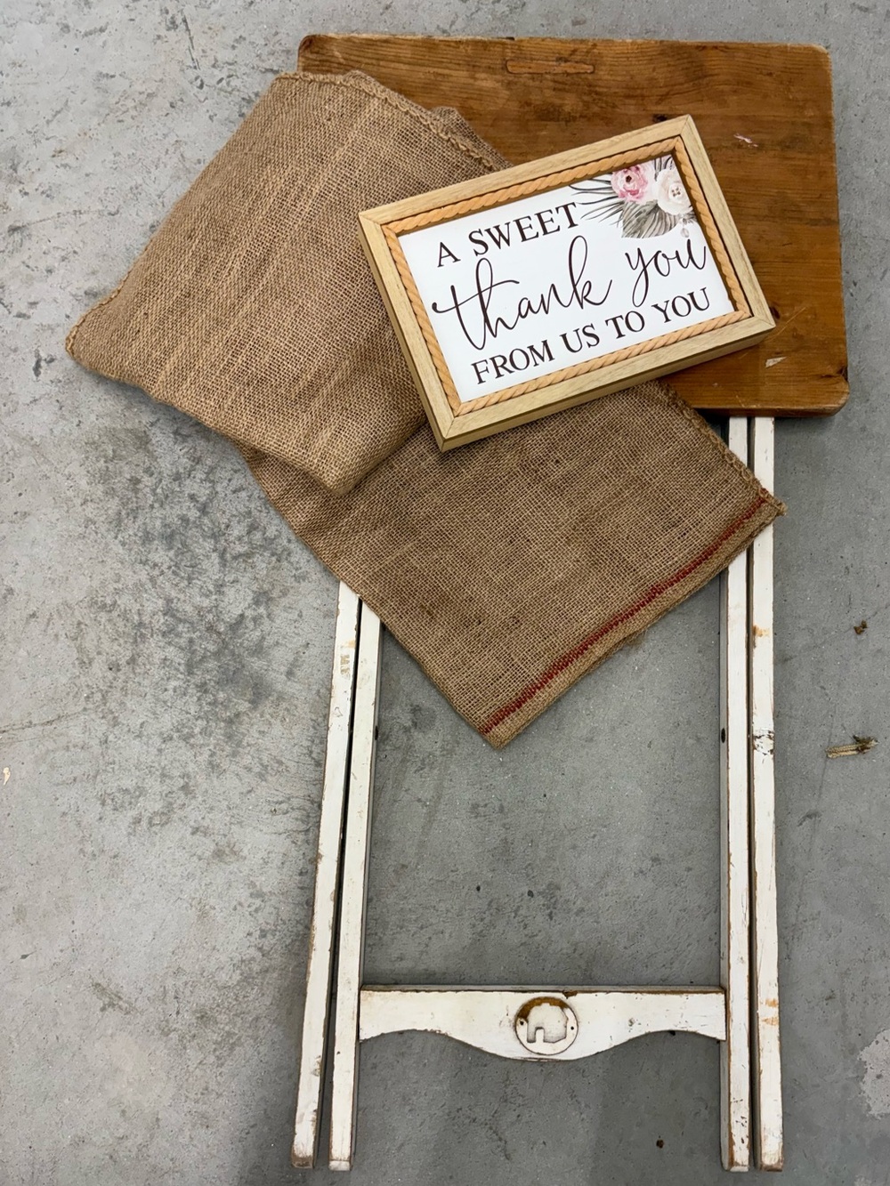 Rustic Burlap Sack with 'Thank You' Framed Sign.  Vintage design/. Shabby tvtray